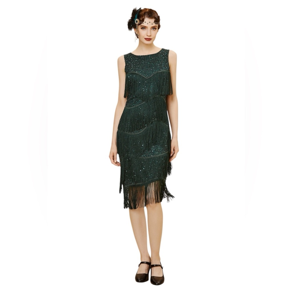 Elegant Green Fringe Midi Dress
